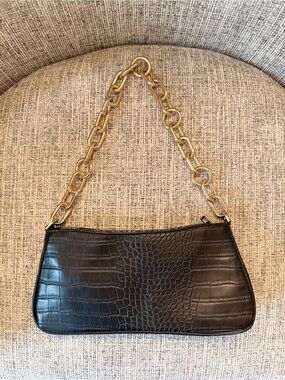 Black Croc-Embossed Shoulder Bag with Gold Chain